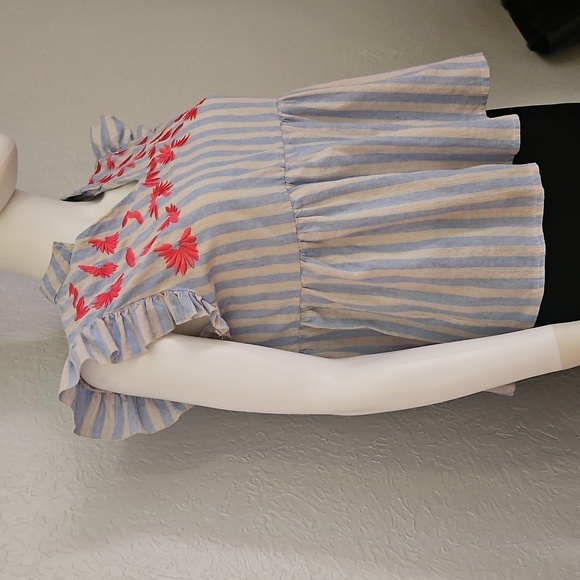 KINDRED Striped Ruffle Sleeve Floral Embroidered Peasant Peplum Babydoll Top - Picture 5 of 8